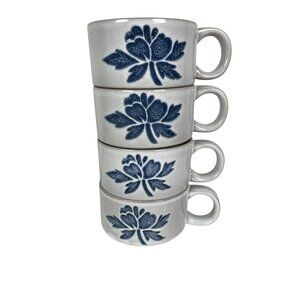 Midwinter Stoneware Mugs Stacking Coffee Cups Lot Oven to Table 4 pc Blue Floral